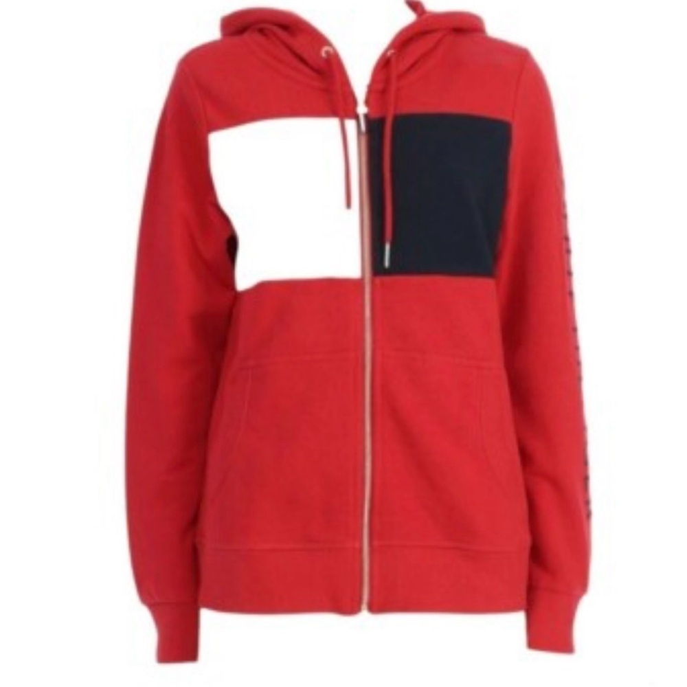 Tommy Hilfiger Red and Black Colorblock Preppy Collegiate Academia Hoodie
